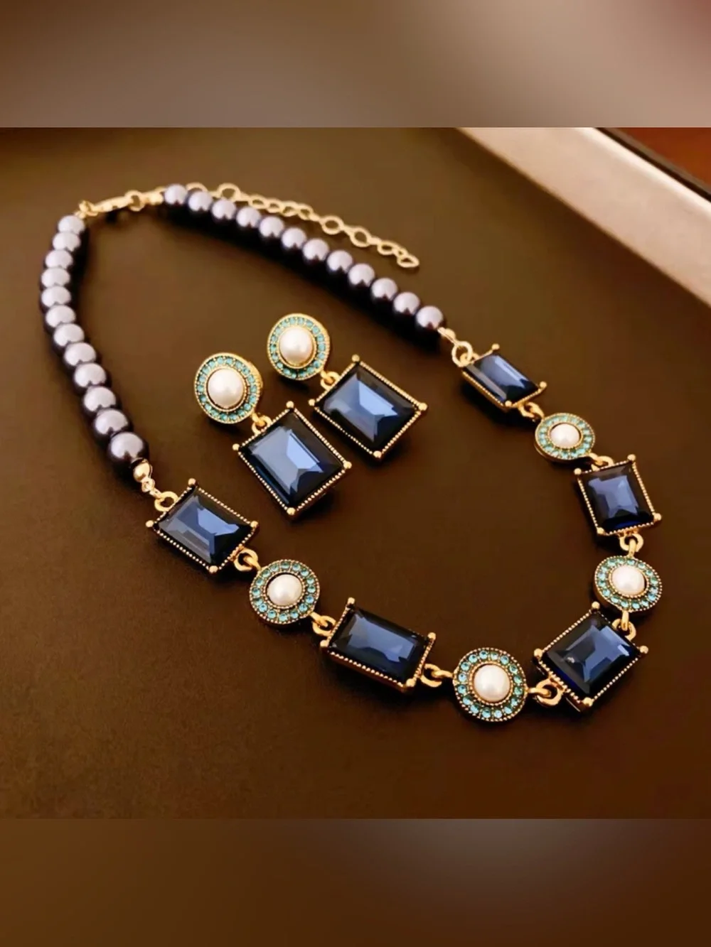 Elegant Navy Blue and Turquoise Pearl Necklace and Earring Set